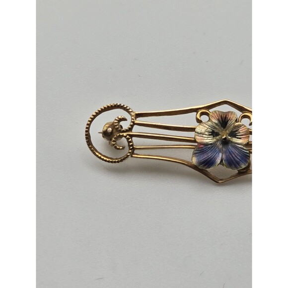 Antique Art Nouveau 10k Gold Enamel Pansy Brooch - Picture 5 of 7